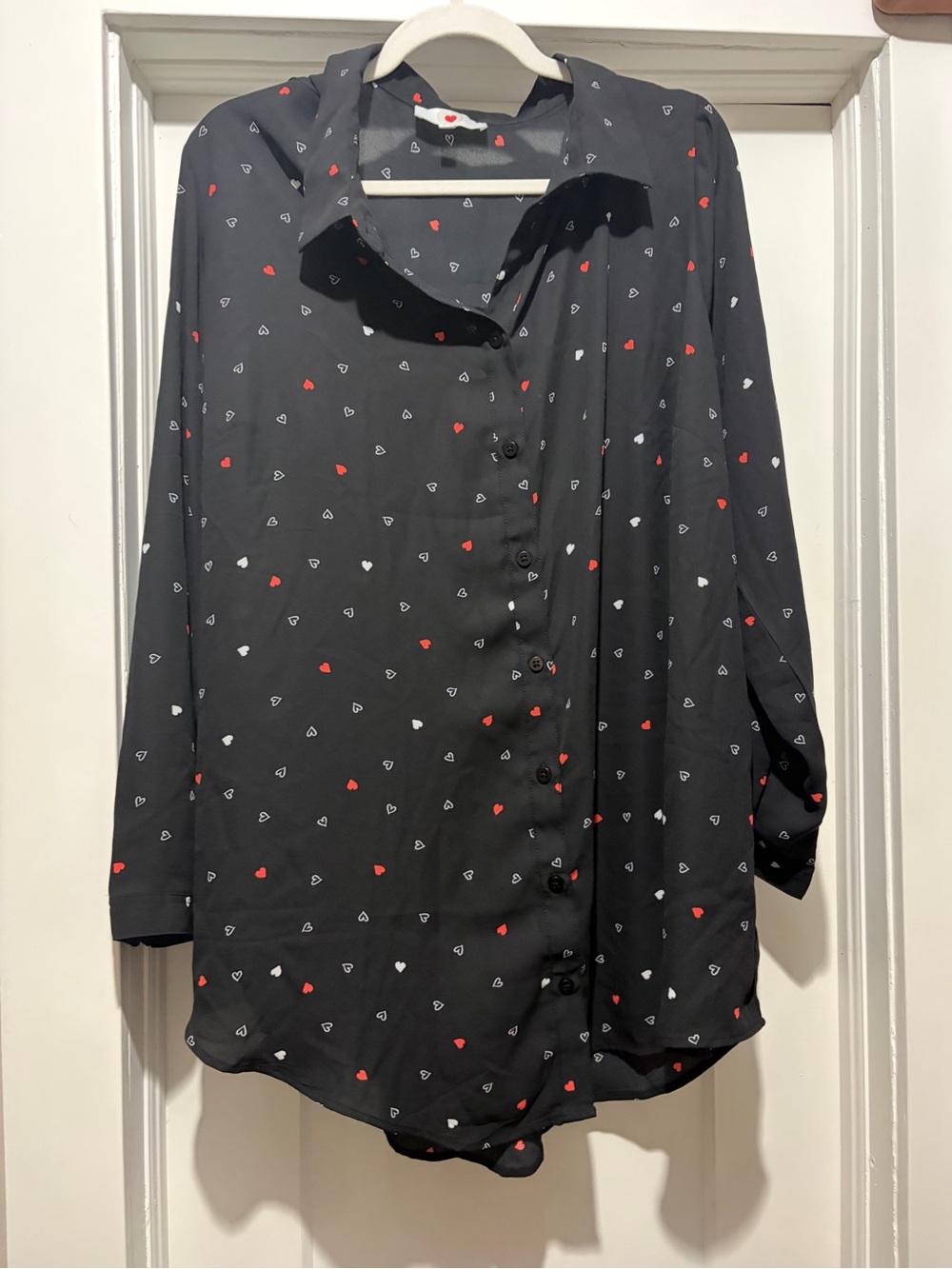 2 Hearts Black Sheer Heart-Print Button-Down Blouse